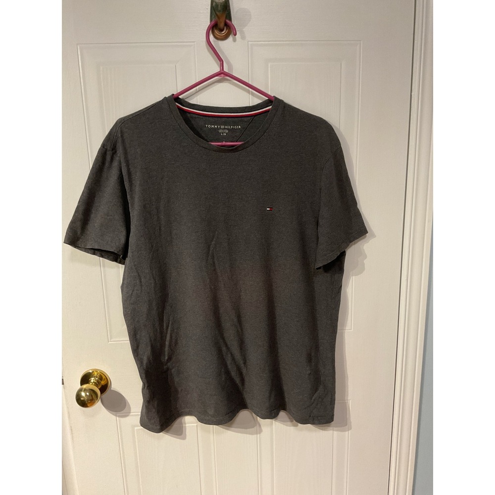 Tommy Hilfiger T-Shirt Mens Large Gray Excellent Short Sleeve Flag Logo Tee